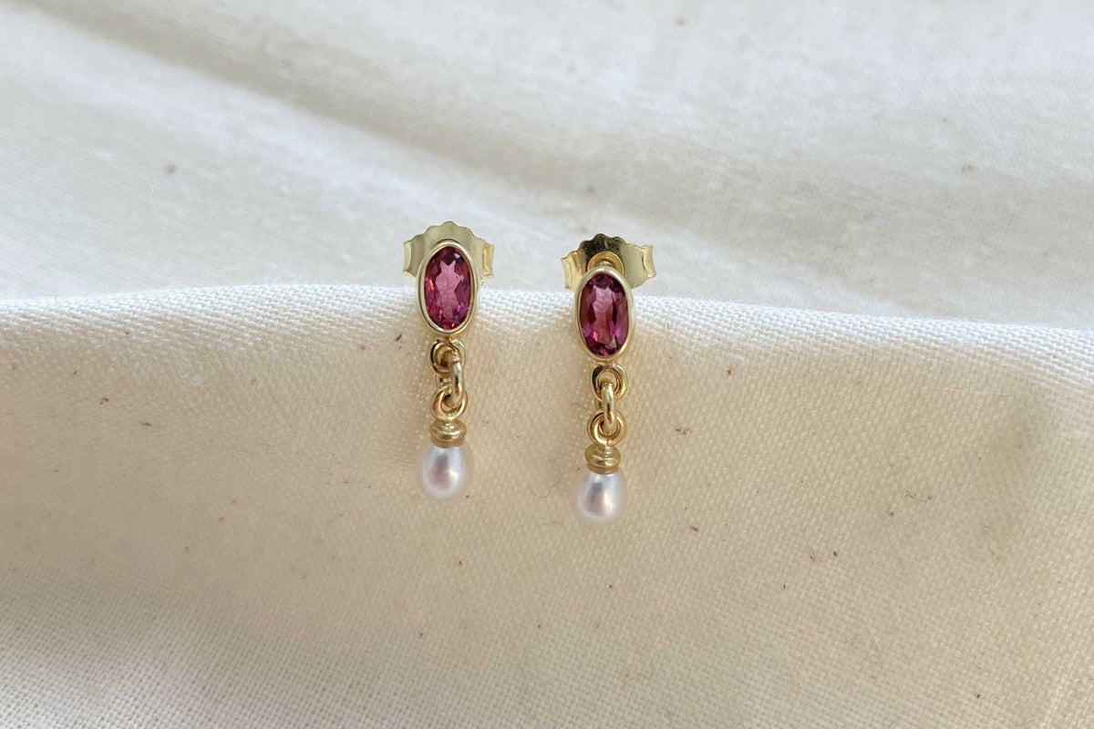 Zarte Ohrhänger Ohrstecker 925 Silber Gelbgold vergoldet mit Rosa Turmalin Edelstein Süßwasserperle Jugendstil