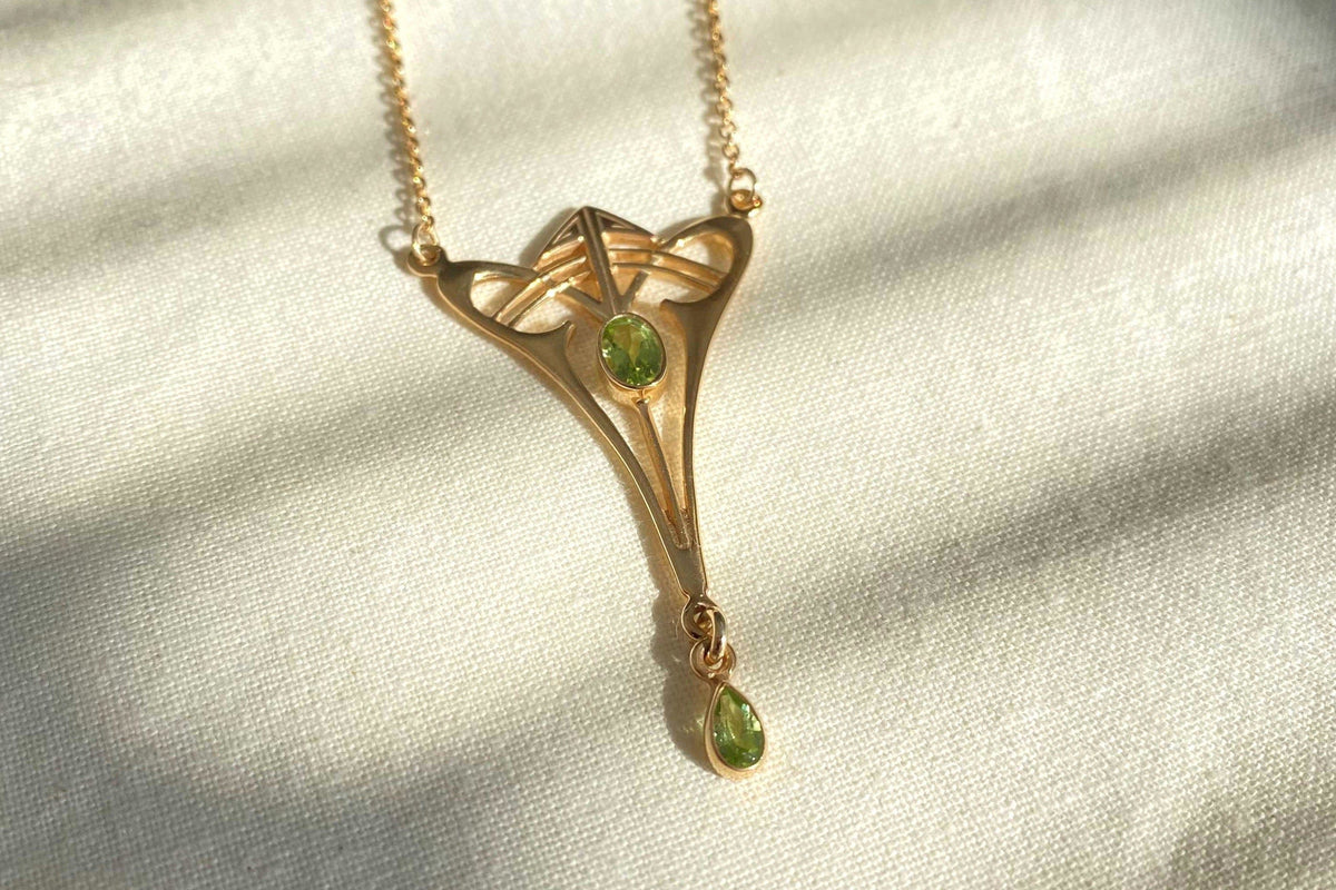 Art Nouveau chain, Jugendstil Kette 925 Silber, vergoldet in Gelbgold oder Rosegold, Jugendstil Collier mit Peridot Edelsteinen