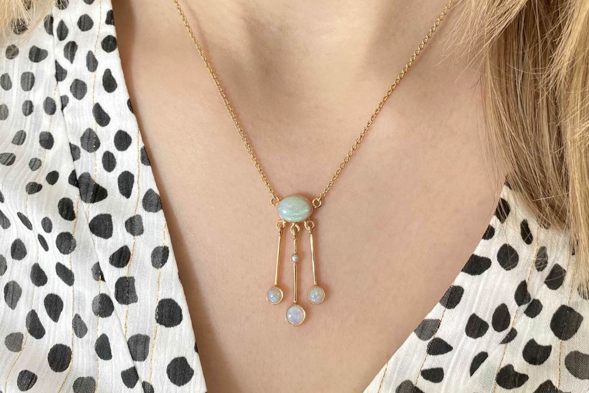 Jugendstilkette Lavalier, Art Nouveau chain, 925 Silber Roségold oder Gelbgold vergoldet, Collier mit Opal Edelsteinen, Lavaliere Halskette