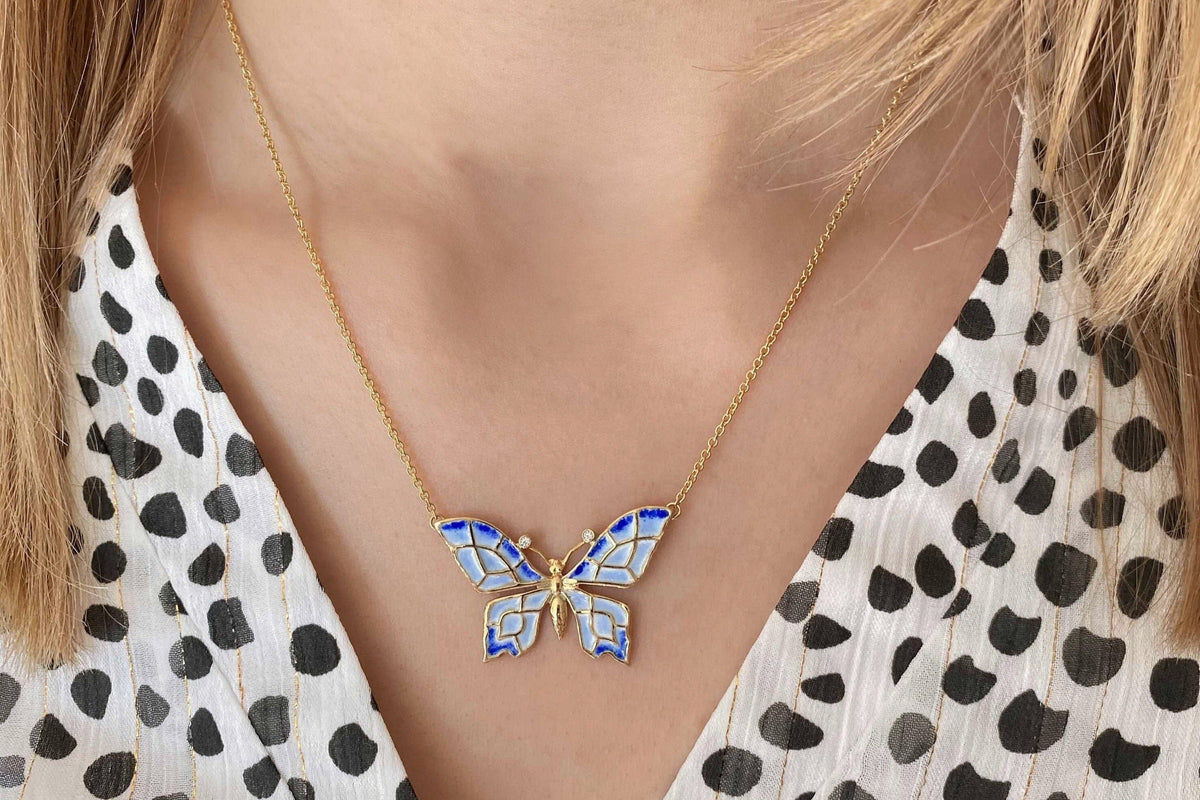 Schmetterling Kette Emaille Gelb oder Blau 925 Sterling Silber vergoldet Zirkonia Jugendstilkette Art Nouveau chain außergewöhnlich