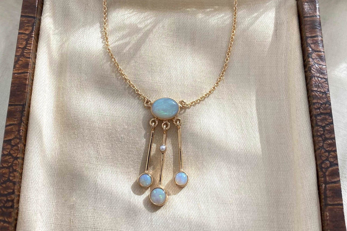 Jugendstilkette Lavalier, Art Nouveau chain, 925 Silber Roségold oder Gelbgold vergoldet, Collier mit Opal Edelsteinen, Lavaliere Halskette