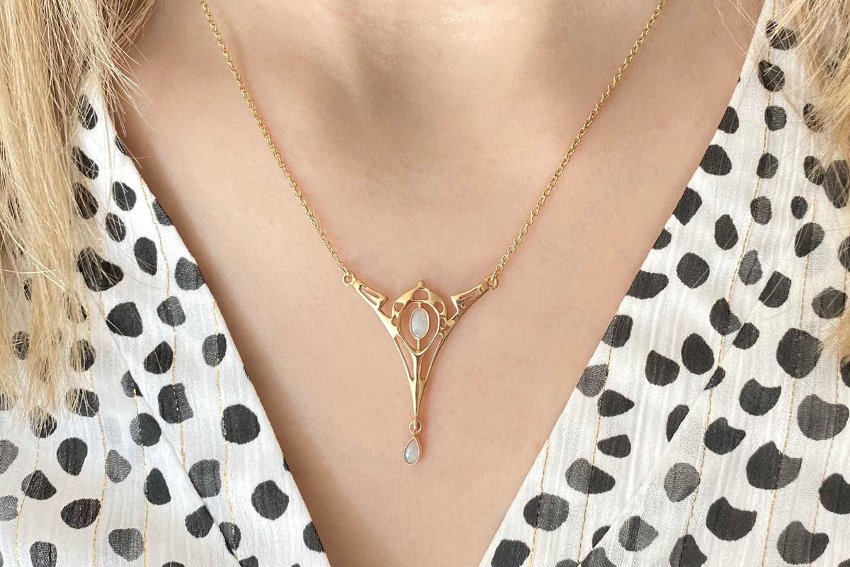 Jugendstil Kette 925 Silber vergoldet Gelbgold oder Rosegold Art Nouveau Collier mit Opal Edelsteinen