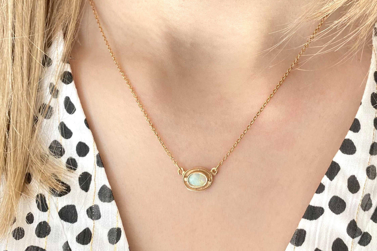 Jugendstilkette, Opal Halskette oval, 925 Silber Roségold oder Gelbgold vergoldet, Collier mit Opal Edelstein, Opal Anhänger cabochon