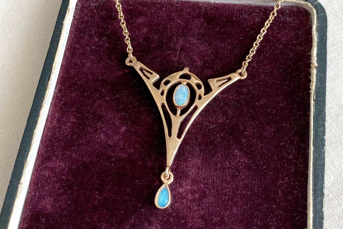 Jugendstil Kette 925 Silber vergoldet Gelbgold oder Rosegold Art Nouveau Collier mit Opal Edelsteinen