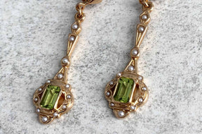 Jugendstil Ohrbügel, Ohrbrisur 925 Silber Rosegold vergoldet, Peridot Edelstein, Ohrhänger Art Nouveau, Oktogon, echte Halbperlen