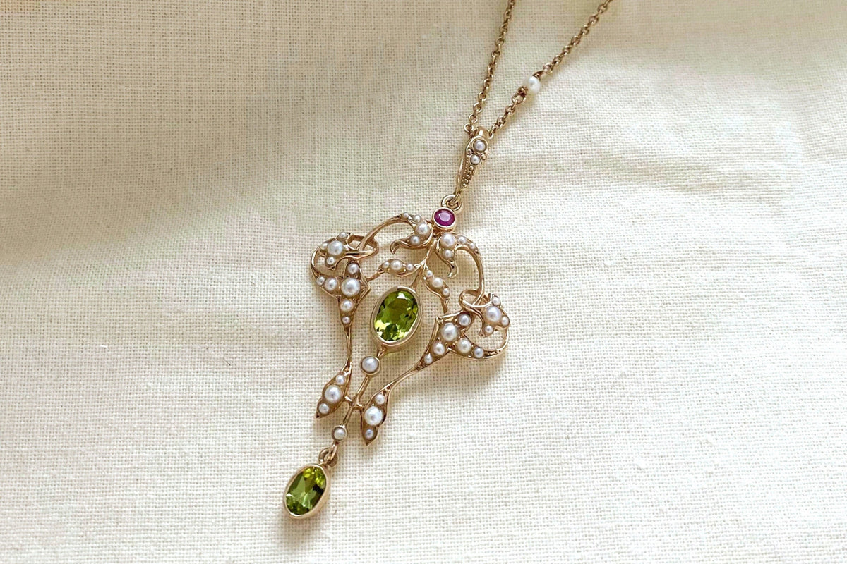Prächtige Jugendstilkette, Art Nouveau chain, 925 Silber Roségold vergoldet, Collier mit Peridot Rubin Edelsteinen, Süßwasserperlen, vintage