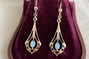 Jugendstil Ohrbügel, Ohrring 925 Sterling Silber Gelbgold oder Rosegold vergoldet, Ohrhänger Opal Edelstein, Ohrbrisur Art Nouveau