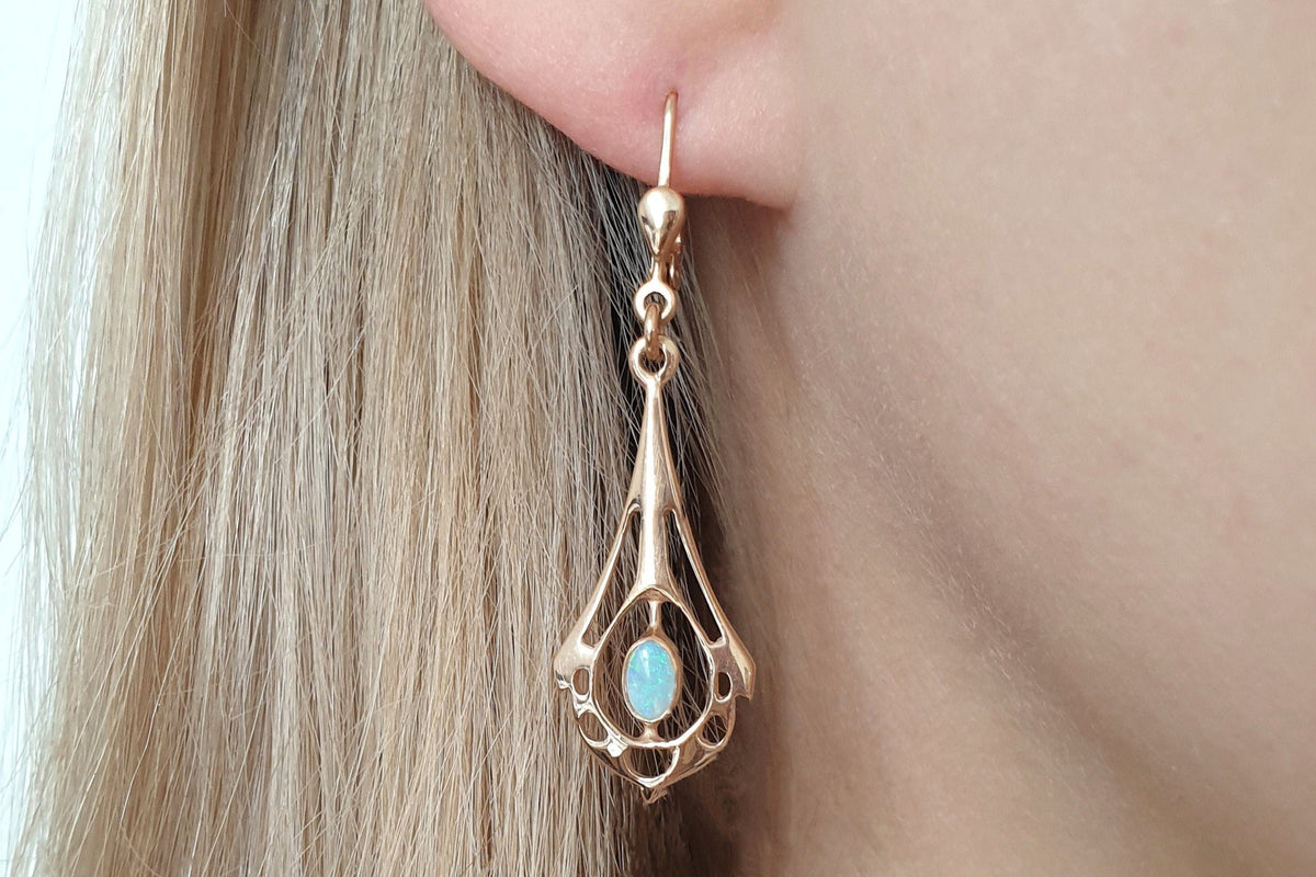 Jugendstil Ohrbügel, Ohrring 925 Sterling Silber Gelbgold oder Rosegold vergoldet, Ohrhänger Opal Edelstein, Ohrbrisur Art Nouveau