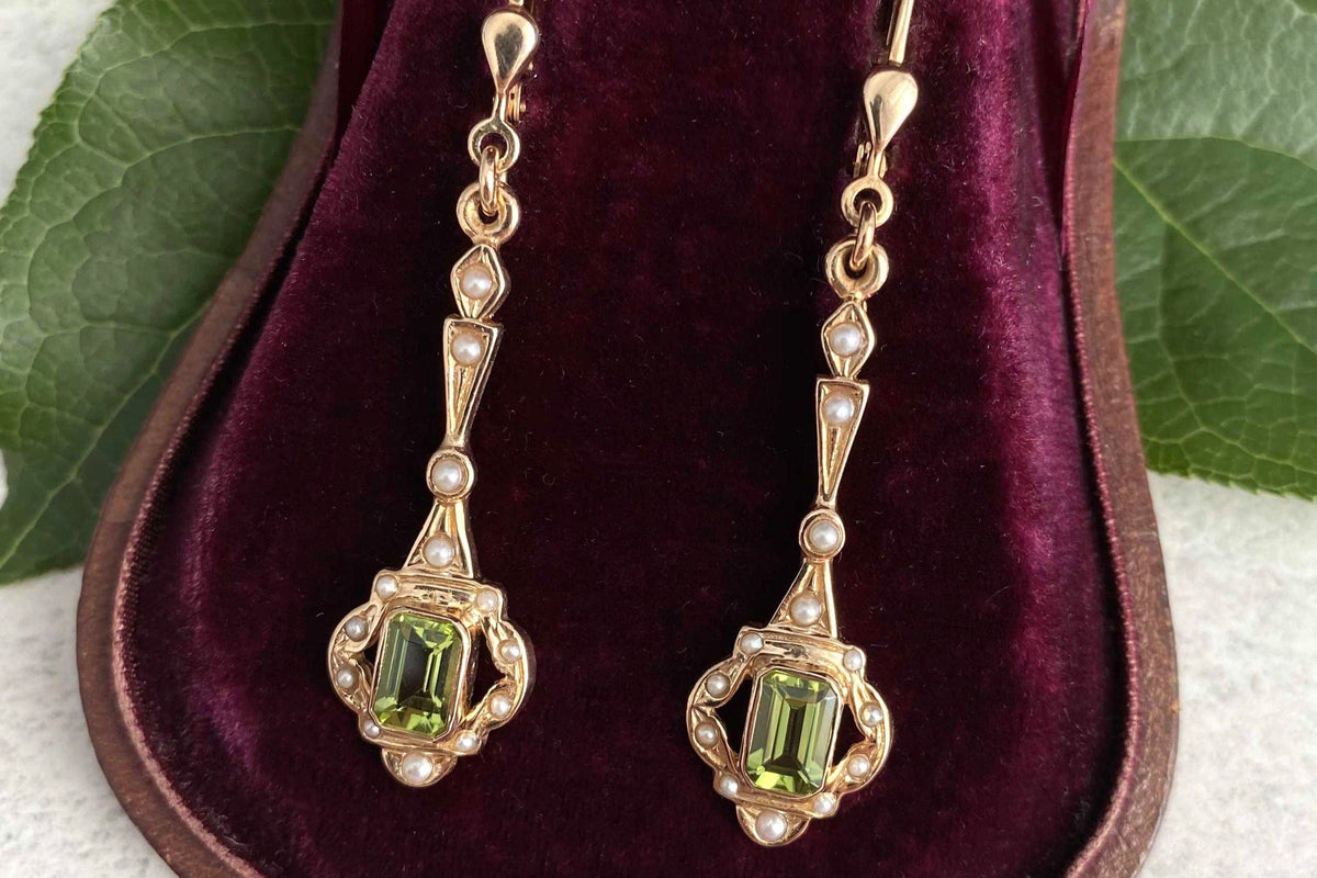 Jugendstil Ohrbügel, Ohrbrisur 925 Silber Rosegold vergoldet, Peridot Edelstein, Ohrhänger Art Nouveau, Oktogon, echte Halbperlen