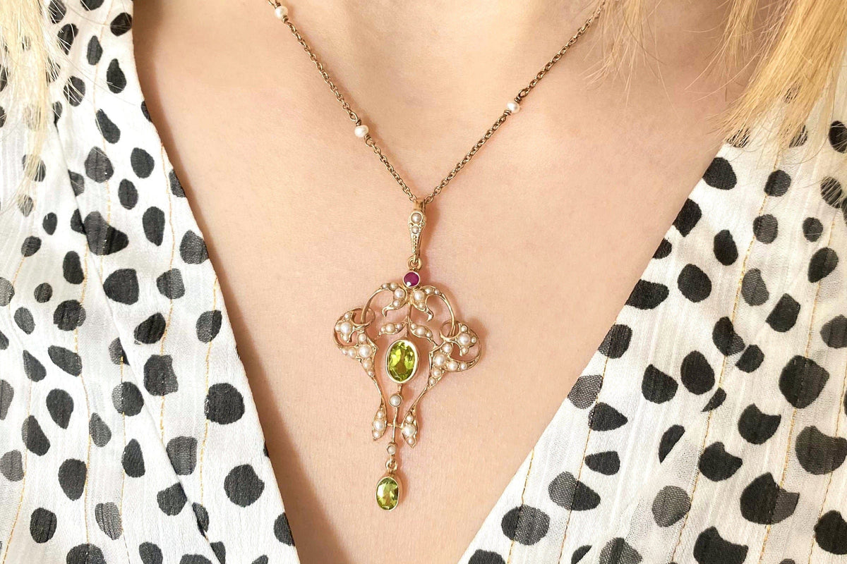 Prächtige Jugendstilkette, Art Nouveau chain, 925 Silber Roségold vergoldet, Collier mit Peridot Rubin Edelsteinen, Süßwasserperlen, vintage