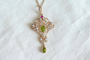 Prächtige Jugendstilkette, Art Nouveau chain, 925 Silber Roségold vergoldet, Collier mit Peridot Rubin Edelsteinen, Süßwasserperlen, vintage