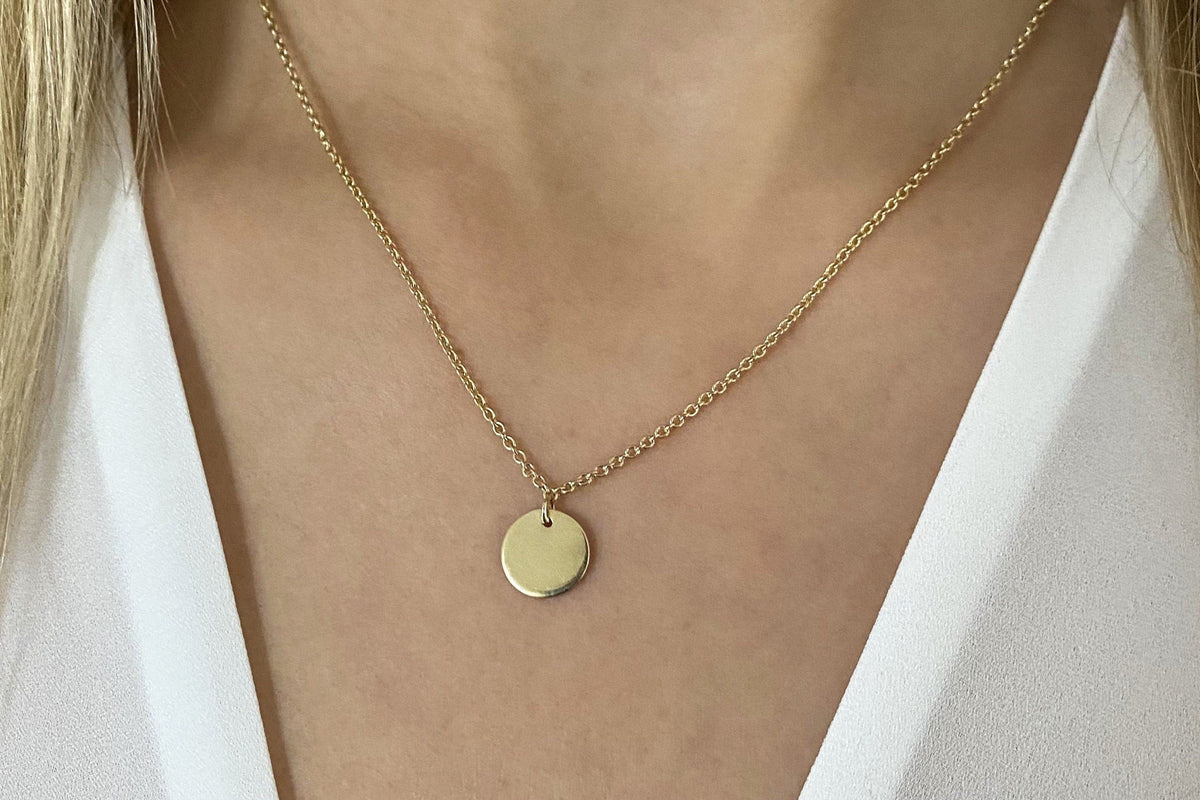 Plättchenkette 585 Goldkette 14 karat mit runder Scheibe minimalistische filigrane Halskette Braut Handarbeit glänzend