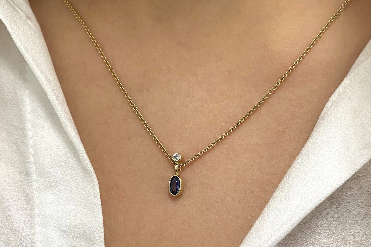 Feine 585 Goldkette, 750 Gelbgold, Saphir, Brillant, minimale Halskette, Geschenk, Hochzeit