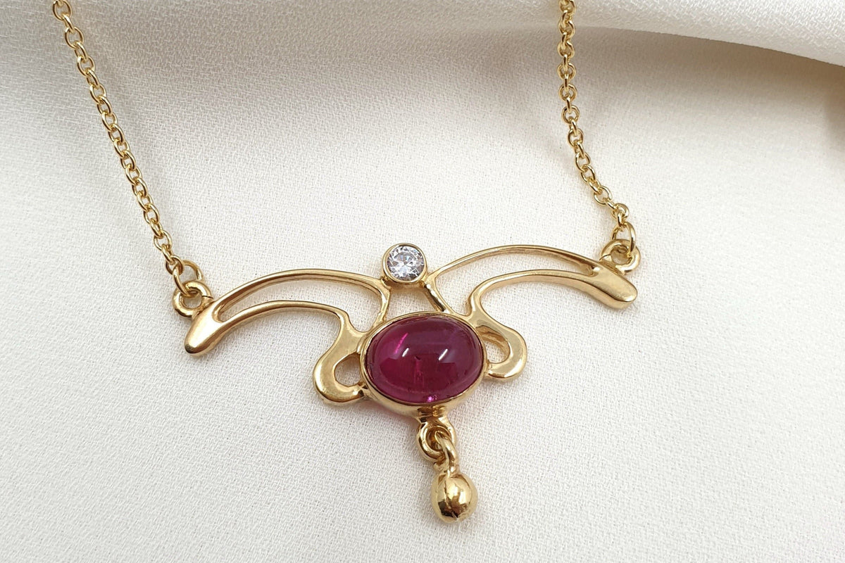 Jugendstil Kette 585er Goldkette feines Art Nouveau Collier mit Rubellit Edelstein im Jugendstil glamourös Handarbeit extravagant