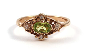 Jugendstil Ring, Art Nouveau Ring, Peridot, Brillanten, 585 Rosegold / Gelbgold, Vintage, Verlobungsring, Antik