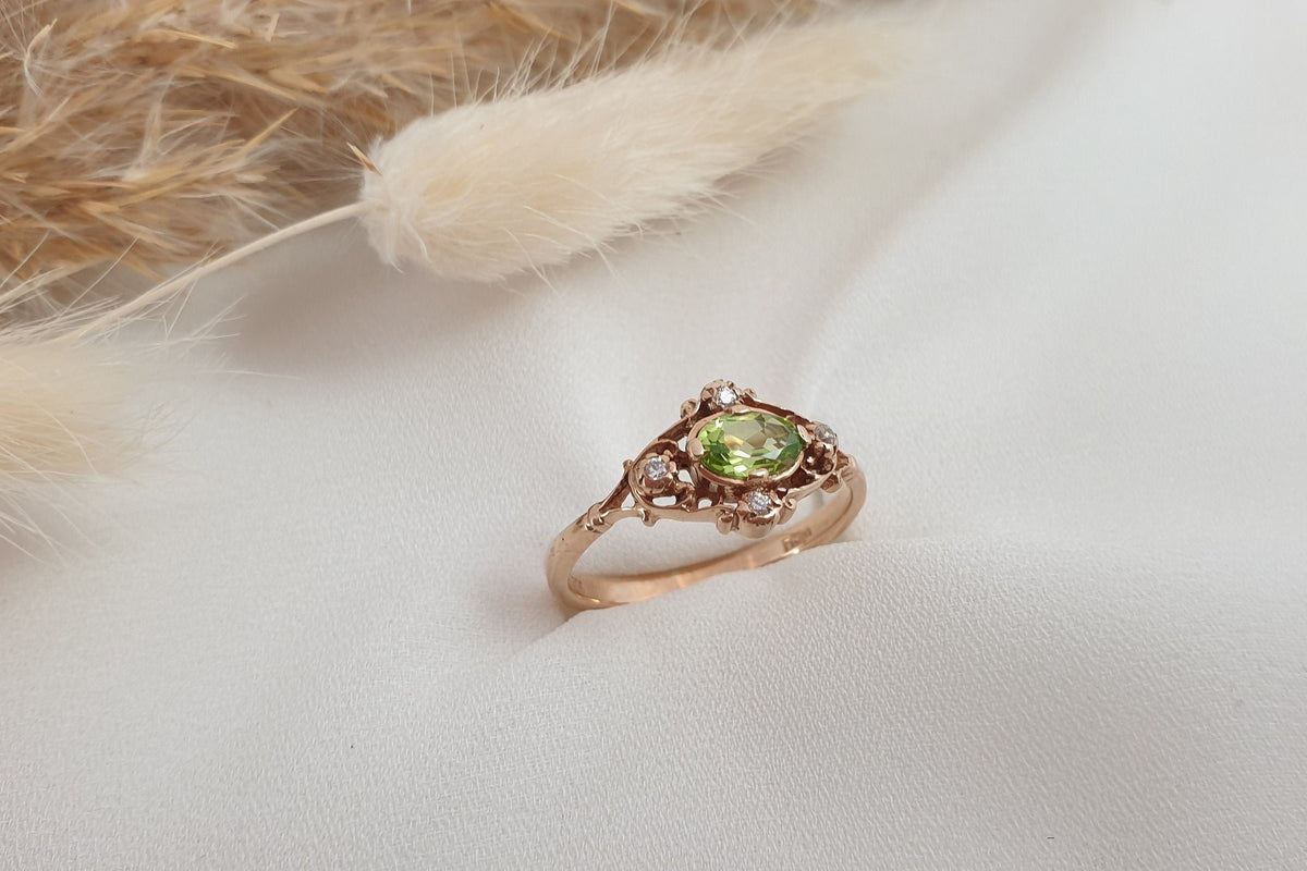 Jugendstil Ring, Art Nouveau Ring, Peridot, Brillanten, 585 Rosegold / Gelbgold, Vintage, Verlobungsring, Antik