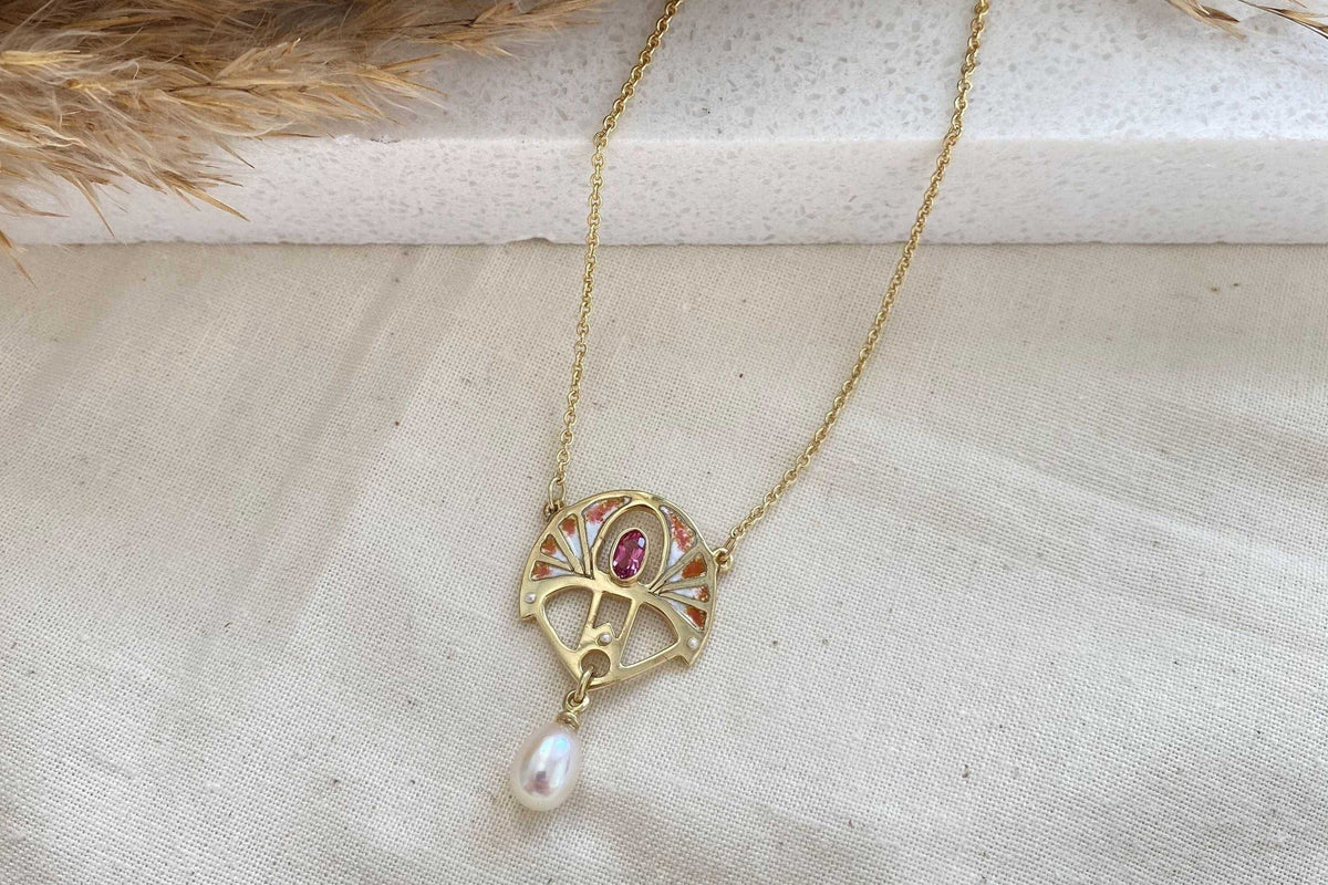 Jugendstilkette mit Emaille 925 Sterling Silber Gelbgold vergoldet Rosa Turmalin Süßwasserperle Art Nouveau Art Deco Antikschmuck