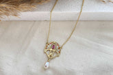 Jugendstilkette mit Emaille 925 Sterling Silber Gelbgold vergoldet Rosa Turmalin Süßwasserperle Art Nouveau Art Deco Antikschmuck