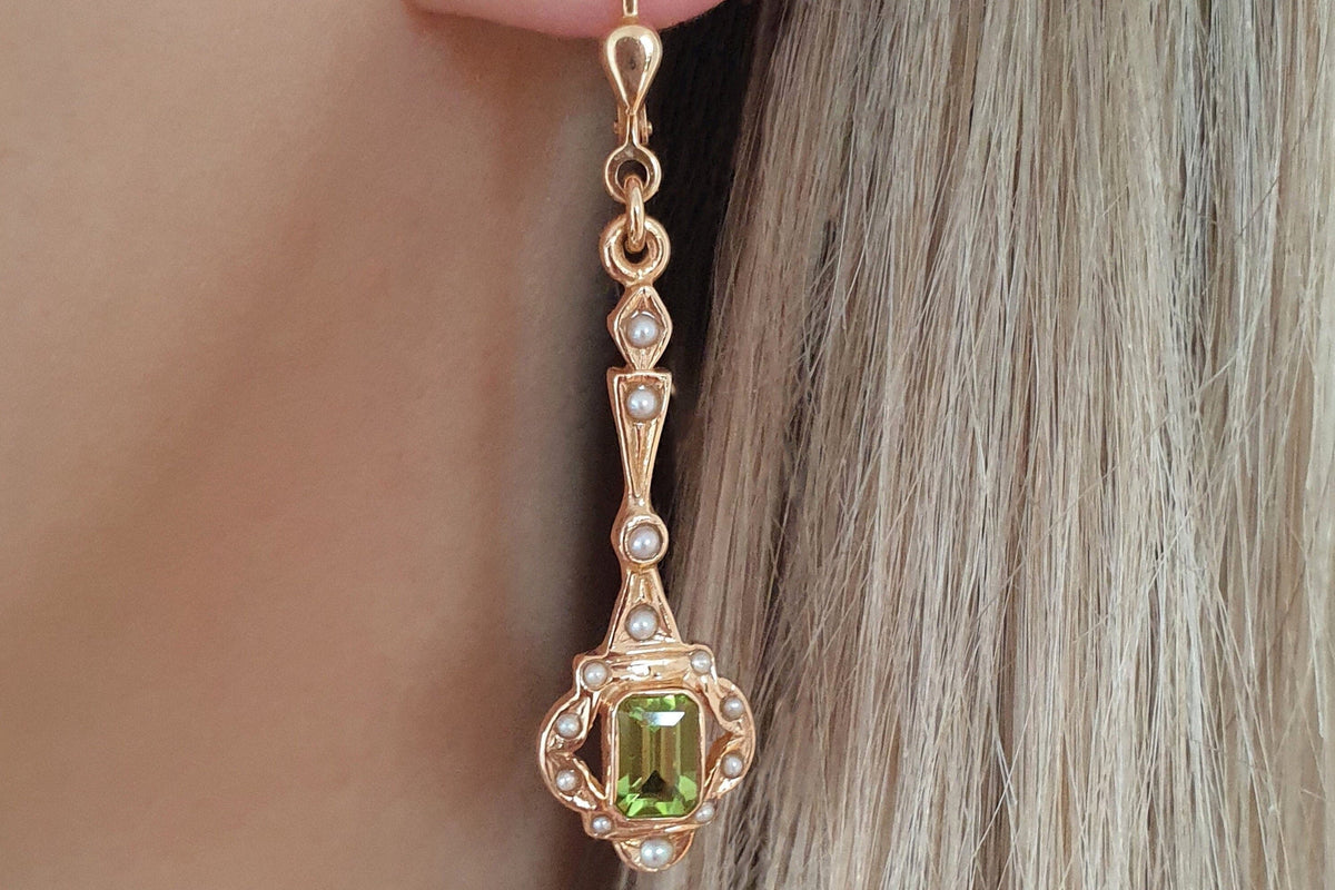Jugendstil Ohrbügel, Ohrbrisur 925 Silber Rosegold vergoldet, Peridot Edelstein, Ohrhänger Art Nouveau, Oktogon, echte Halbperlen