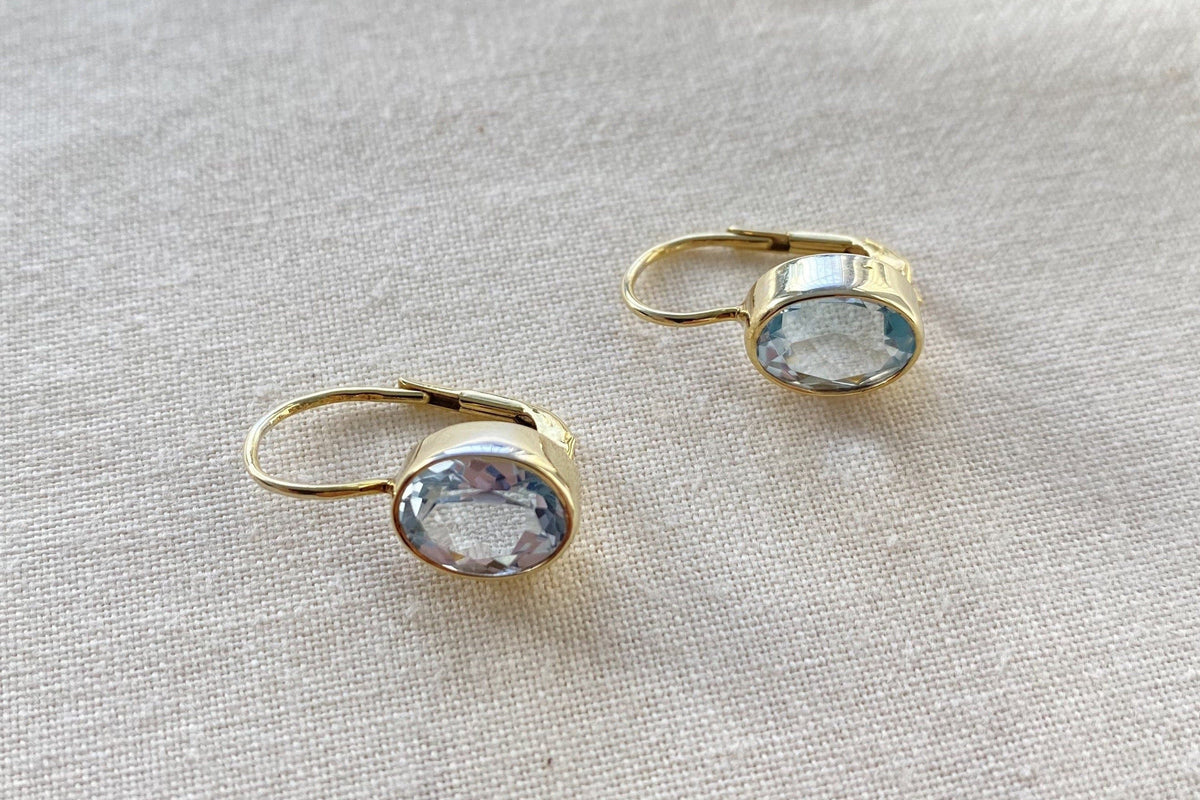 Ohrringe Blau Topas Edelstein 585 Gold 14 Karat Ohrbügel Gelbgold Ohrbisur edel glamourös