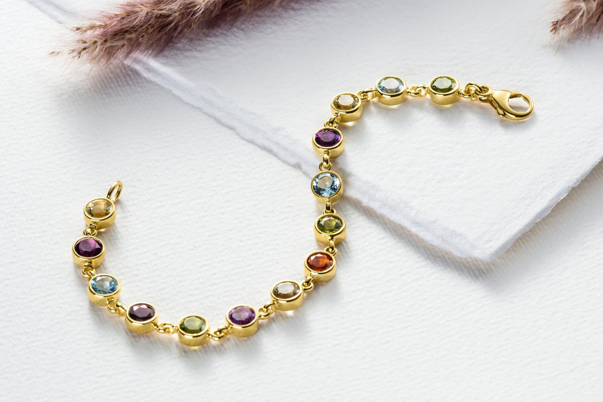 Buntes Edelsteinarmband 585 Gelbgold 14 Karat Goldarmband Multicolor Regenbogen