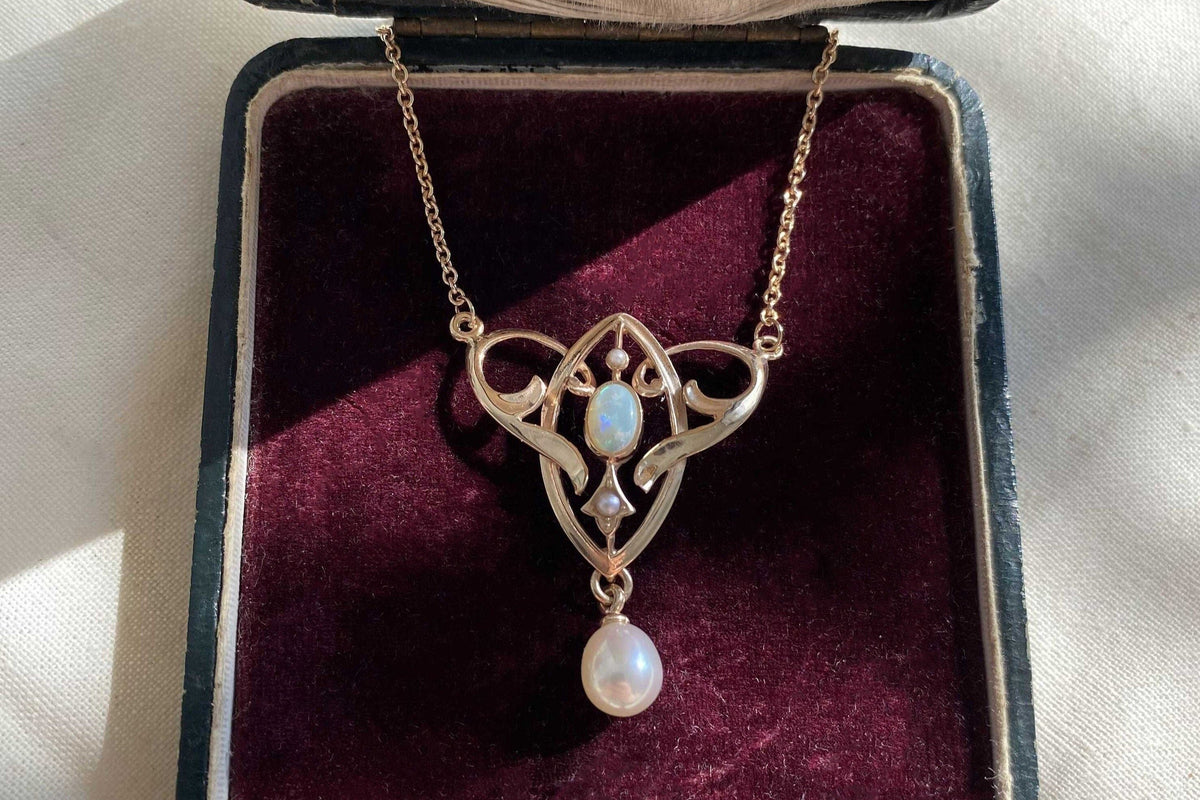 Außergewöhnliche Jugendstilkette Art Nouveau chain 925 Silber Roségold vergoldet Collier mit Opal Halbperlen Süßwasserperle  Vintage