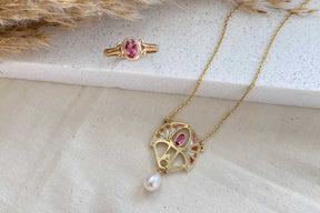Jugendstilkette mit Emaille 925 Sterling Silber Gelbgold vergoldet Rosa Turmalin Süßwasserperle Art Nouveau Art Deco Antikschmuck
