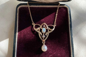 Außergewöhnliche Jugendstilkette Art Nouveau chain 585 Roségold Collier mit Opal Halbperlen Süßwasserperle Vintage Antik 14 Karat