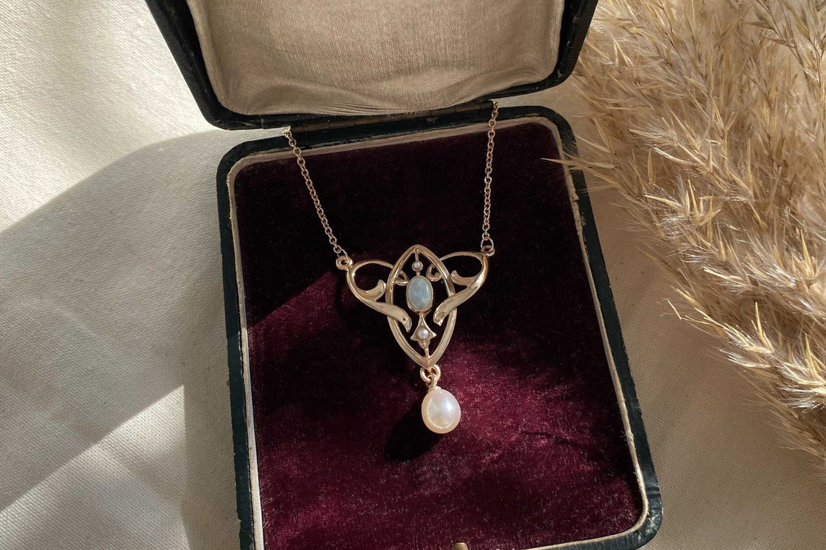 Außergewöhnliche Jugendstilkette Art Nouveau chain 585 Roségold Collier mit Opal Halbperlen Süßwasserperle Vintage Antik 14 Karat