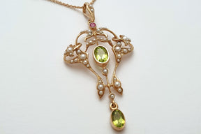 Prächtige Jugendstilkette, Art Nouveau chain, 925 Silber Roségold vergoldet, Collier mit Peridot Rubin Edelsteinen, Süßwasserperlen, vintage