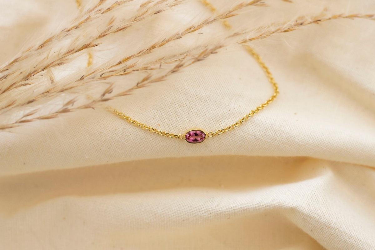 Goldarmband 585, Rosa Turmalin, Edelstein, Gelbgoldarmband 14 Karat, filigran, Geschenk für Sie