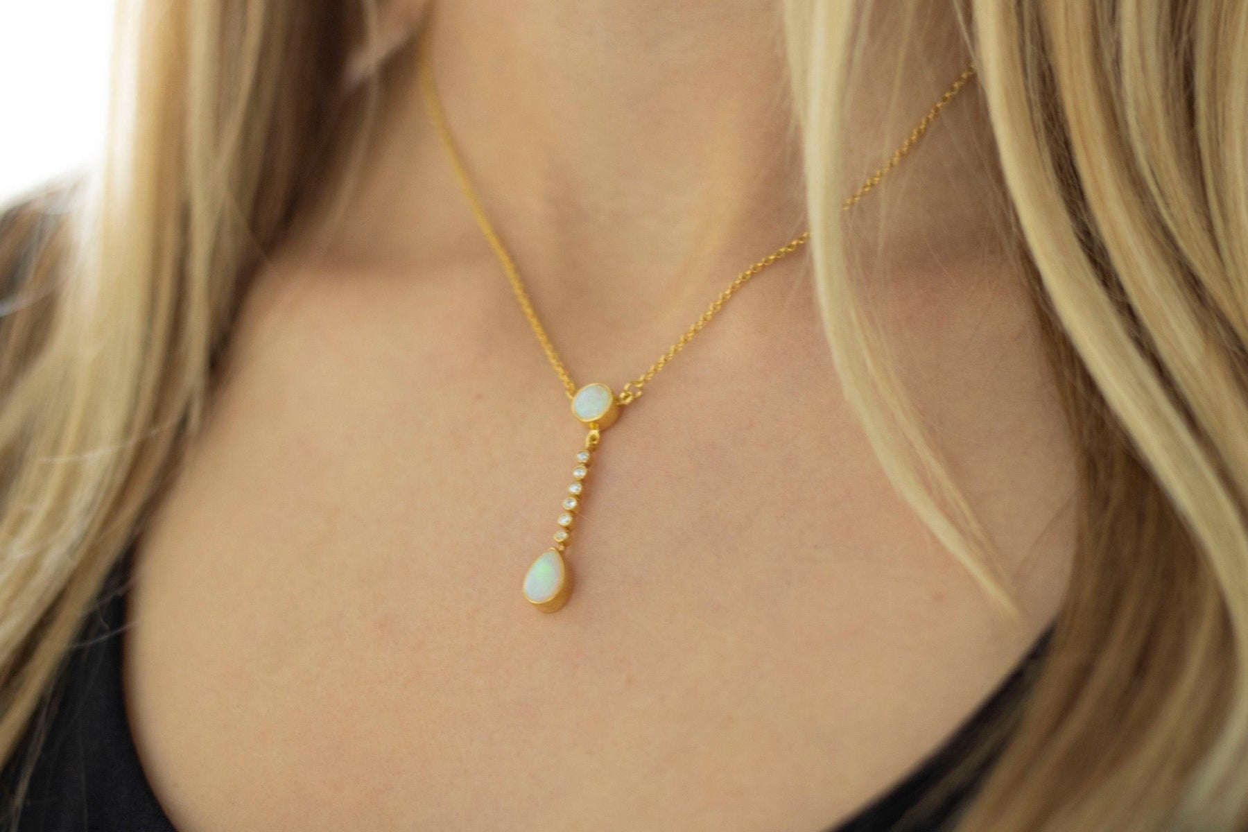 Goldkette 585 mit Opal Edelsteinen, Diamanten, echt gold Kette, 585 Braut Halskette, elegante Diamant Kette, handgefertigt