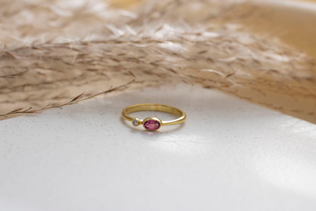 Zarter Gold Ring mit Diamant, 585 Gelbgoldring, Diamantring, Echt Gold Ring, Verlobungsring, Stapelring, Rosa Turmalin, Goldschmiede