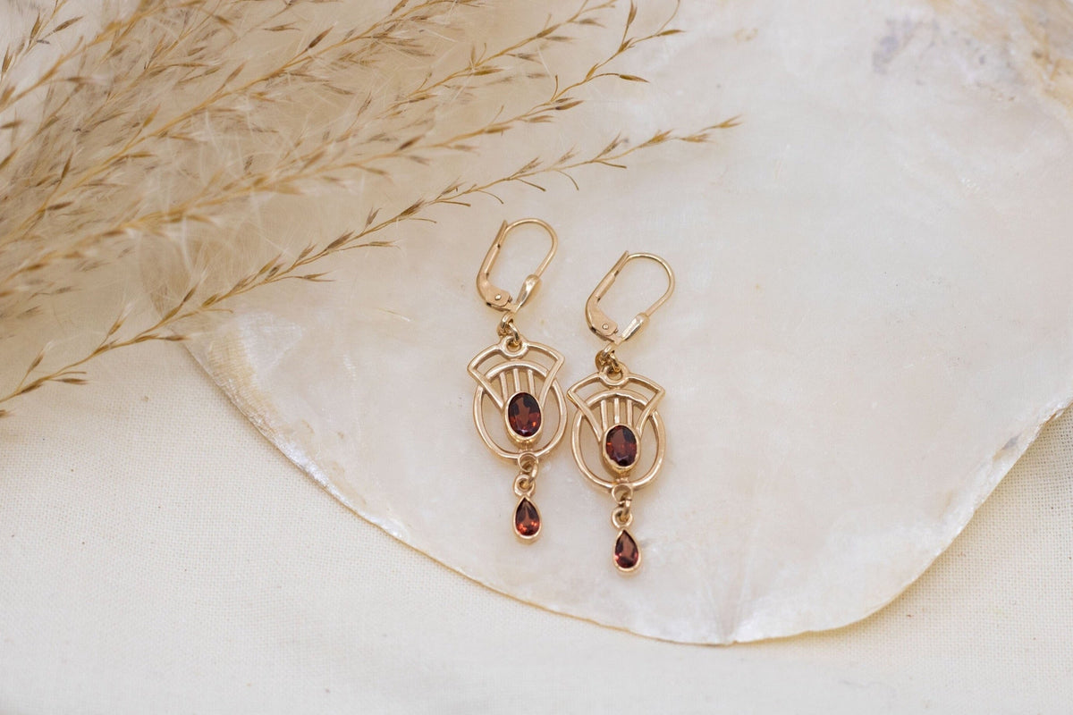 Jugendstil Ohrringe, Art Nouveau Ohrbügel, Ohrhänger 925 Sterling Silber Rosegold vergoldet, Granat Ohrschmuck, Vintage Ohrringe