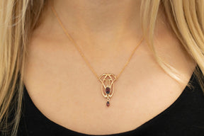 Jugendstilkette mit Granat, Art Nouveau Collier 925 Silber Roségold vergoldet, außergewöhnliche Jugendstil Halskette, Vintage Kette Granat