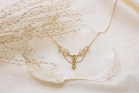 Jugendstilkette Peridot und Halbperlen, Art Nouveau Collier 925 Silber Roségold, Antike Jugendstil Halskette, Vintage, Brautschmuck Vintage