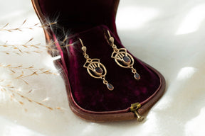 Jugendstil Ohrringe, Art Nouveau Ohrbügel, Ohrhänger 925 Sterling Silber Rosegold vergoldet, Granat Ohrschmuck, Vintage Ohrringe