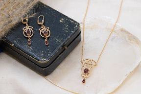 Jugendstil Ohrringe, Art Nouveau Ohrbügel, Ohrhänger 925 Sterling Silber Rosegold vergoldet, Granat Ohrschmuck, Vintage Ohrringe