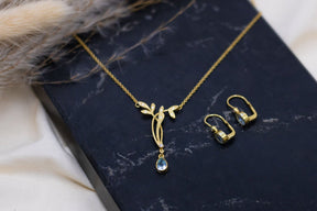 Jugendstilkette Diamanten Blau Topas, Art Nouveau Collier 585 Gelbgold, 14k oder 18k Massivgold, Natur, Floral, Blüten, Vintage Halskette