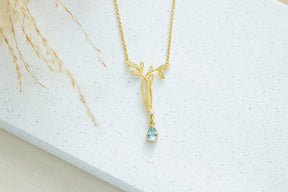 Jugendstilkette Diamanten Blau Topas, Art Nouveau Collier 585 Gelbgold, 14k oder 18k Massivgold, Natur, Floral, Blüten, Vintage Halskette