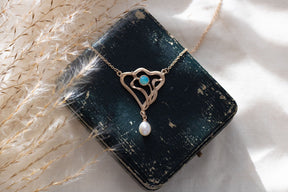 Außergewöhnliche Jugendstilkette, Opal Halskette, echte Süßwasserperle, Art Nouveau Collier 925 Silber, Roségold vergoldet, Antikschmuck
