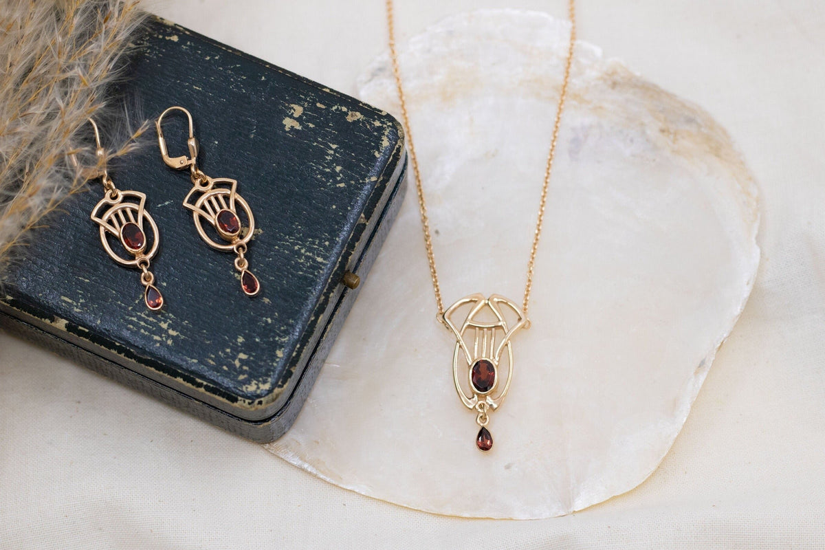 Jugendstil Ohrringe, Art Nouveau Ohrbügel, Ohrhänger 925 Sterling Silber Rosegold vergoldet, Granat Ohrschmuck, Vintage Ohrringe