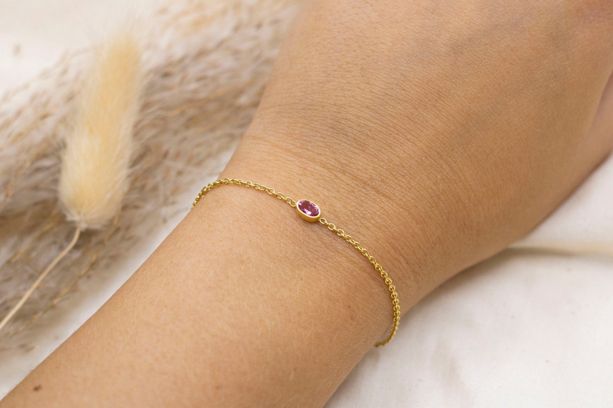 Goldarmband 585, Rosa Turmalin, Edelstein, Gelbgoldarmband 14 Karat, filigran, Geschenk für Sie