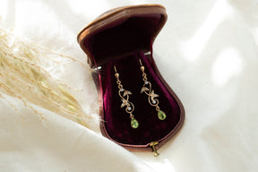 Jugendstil Ohrringe Peridot, Art Nouveau, Ohrbrisur 925 Sterling Silber vergoldet, Peridot Edelsteine, Halbperlen, Vintage, Brautschmuck
